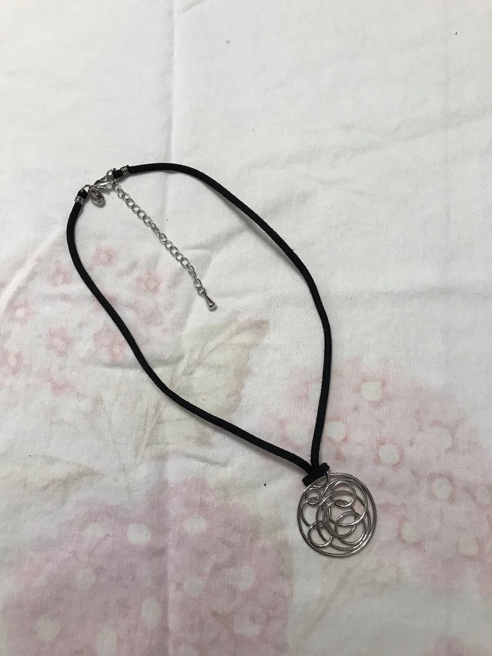 Lia Sophia Silver Tone Circle Medallion Pendant Black Cord Necklace 16”